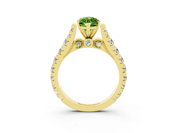 Yellow gold Marquise Cut Peridot Classic Solitaire Ring with Pavé Band and Four-Prong Setting