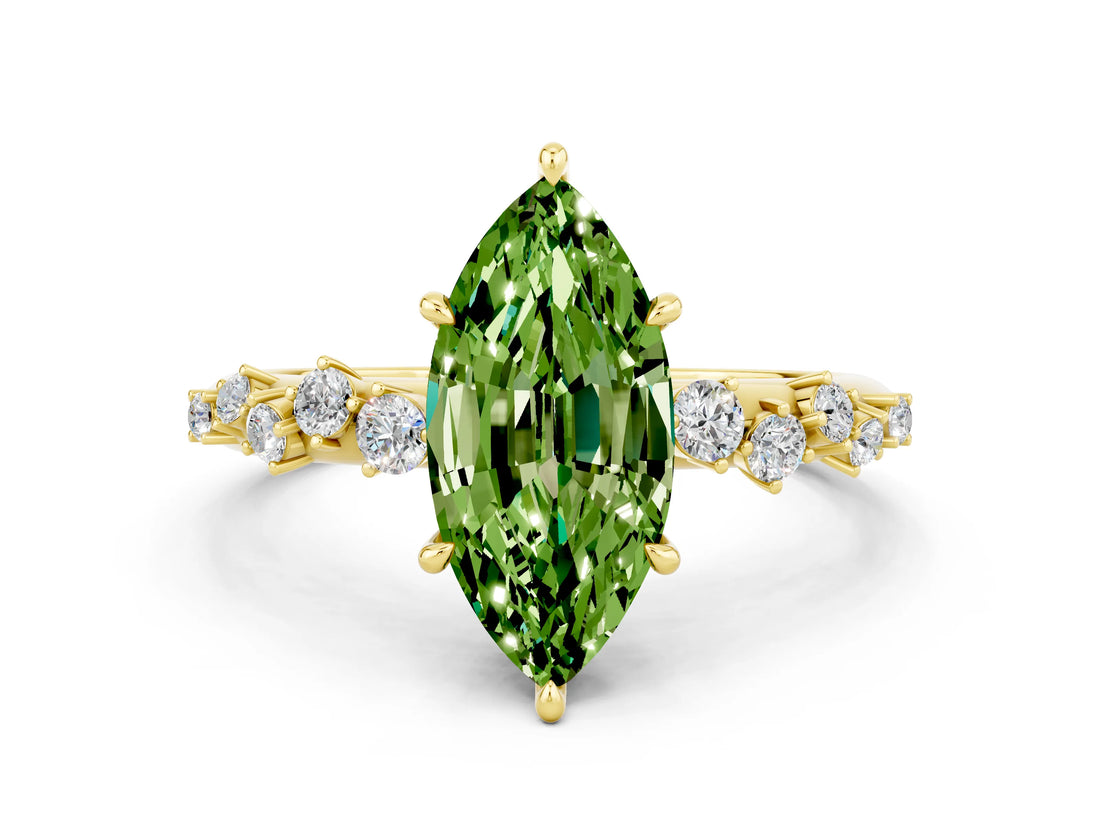 Yellow gold Marquise Cut Peridot Cluster Side Stone Solitaire Ring with Prong Setting_24