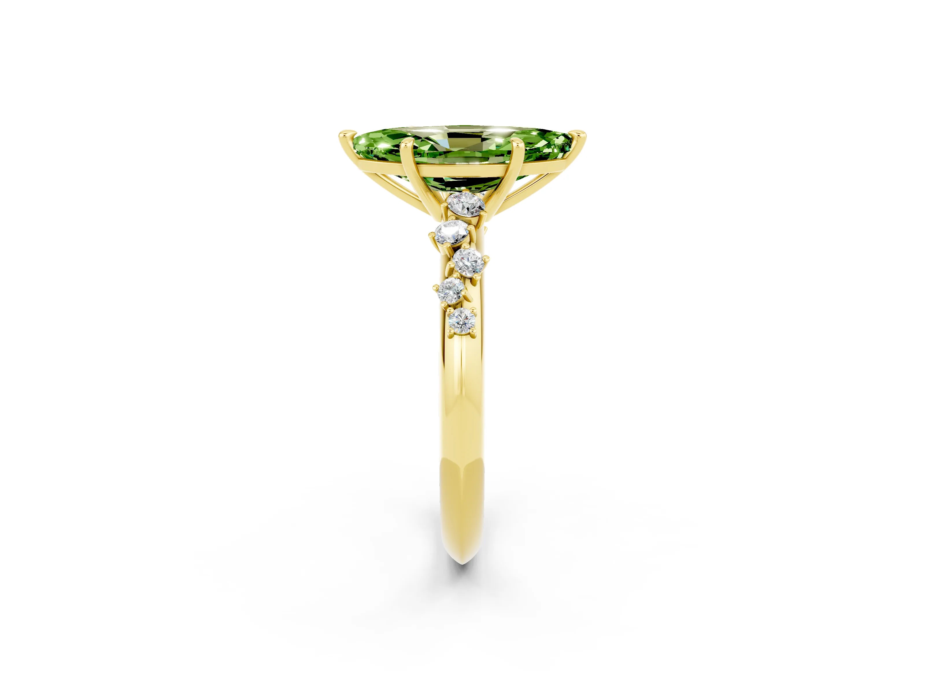 Yellow gold Marquise Cut Peridot Cluster Side Stone Solitaire Ring with Prong Setting_26