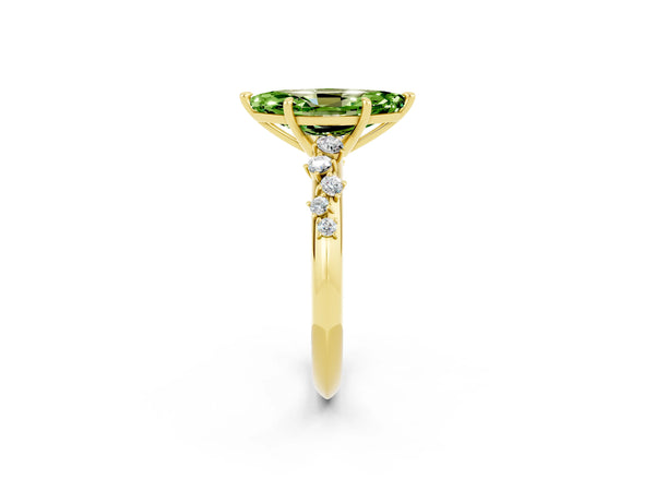 Yellow gold Marquise Cut Peridot Cluster Side Stone Solitaire Ring with Prong Setting