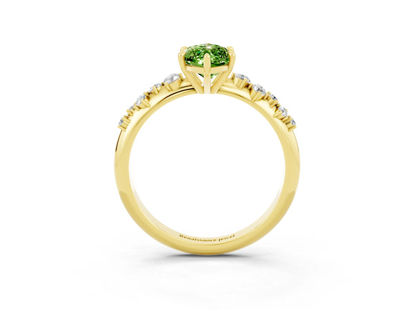 Yellow gold Marquise Cut Peridot Cluster Side Stone Solitaire Ring with Prong Setting