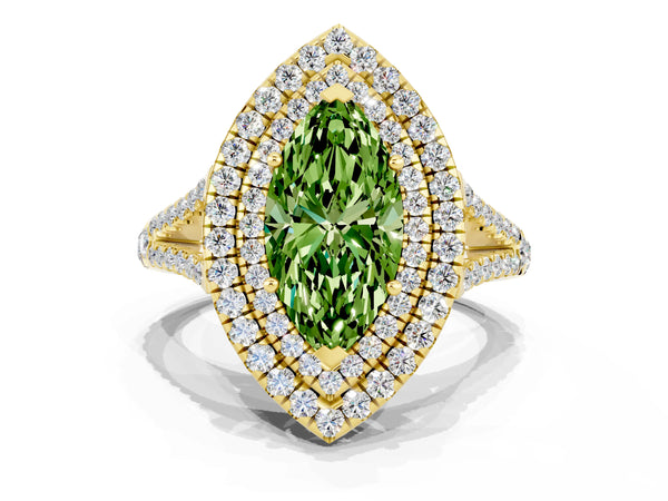 Yellow gold Marquise Cut Peridot Double Halo Ring with Pavé Band and Prong Setting