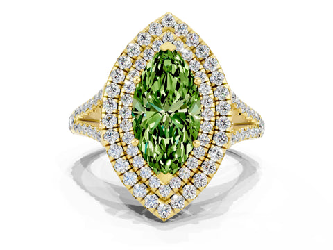 Yellow gold Marquise Cut Peridot Double Halo Ring with Pavé Band and Prong Setting_12