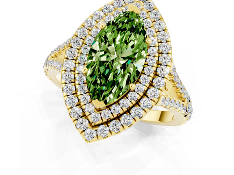 Yellow gold Marquise Cut Peridot Double Halo Ring with Pavé Band and Prong Setting_13