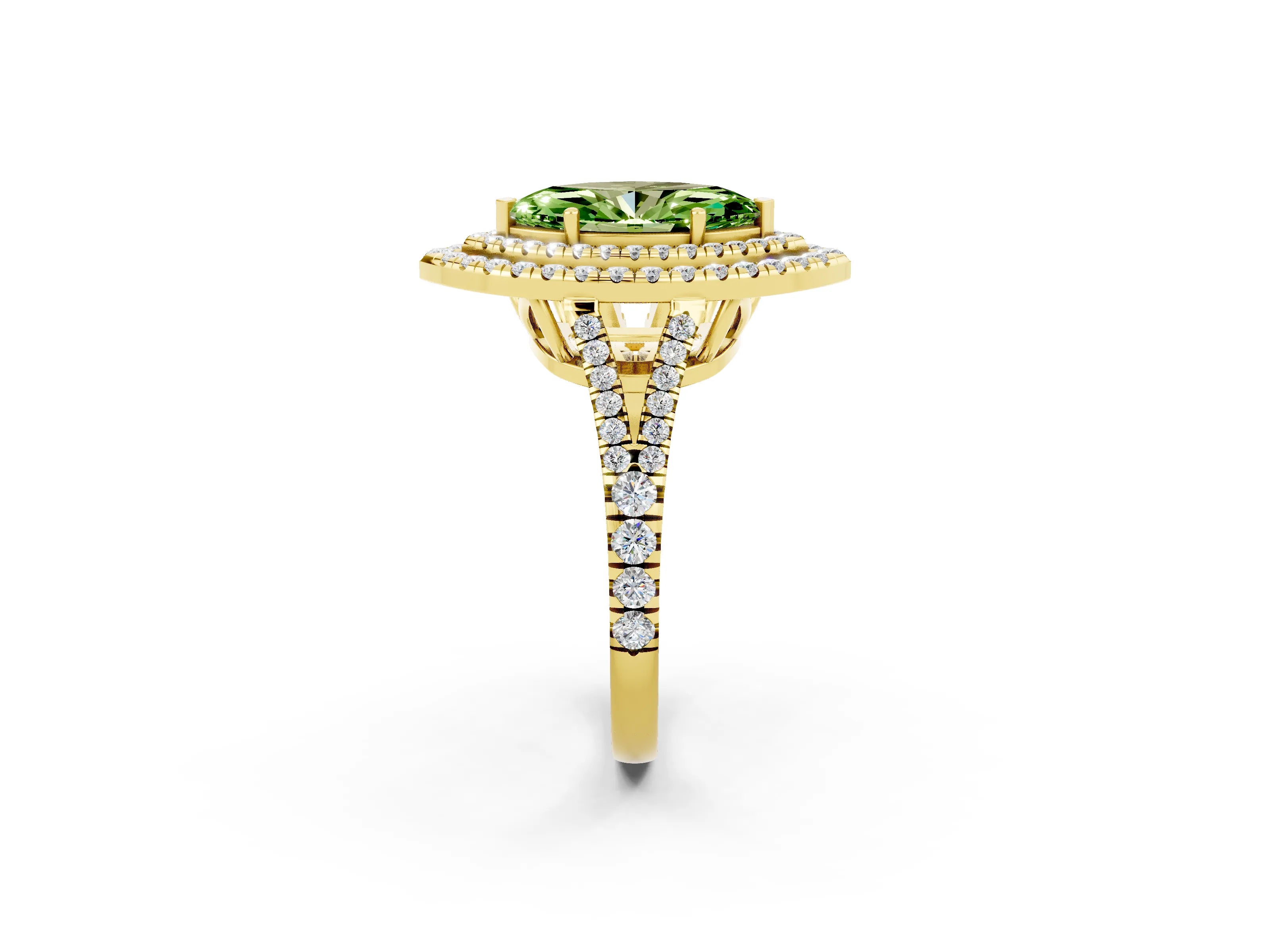 Yellow gold Marquise Cut Peridot Double Halo Ring with Pavé Band and Prong Setting_14