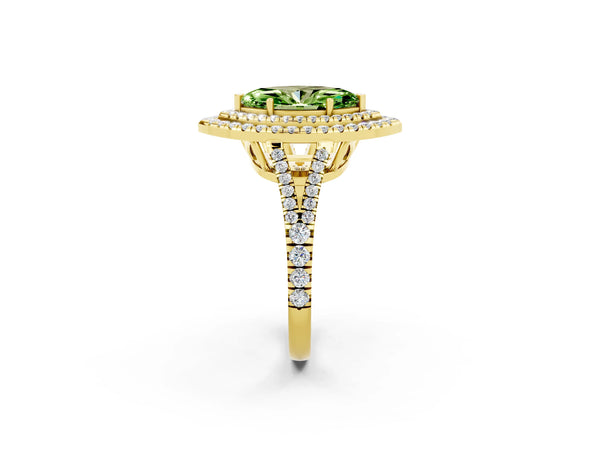 Yellow gold Marquise Cut Peridot Double Halo Ring with Pavé Band and Prong Setting