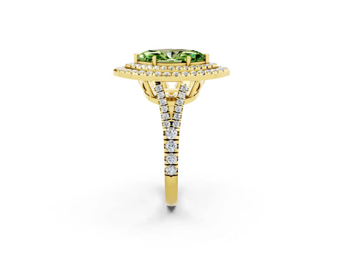Yellow gold Marquise Cut Peridot Double Halo Ring with Pavé Band and Prong Setting_14
