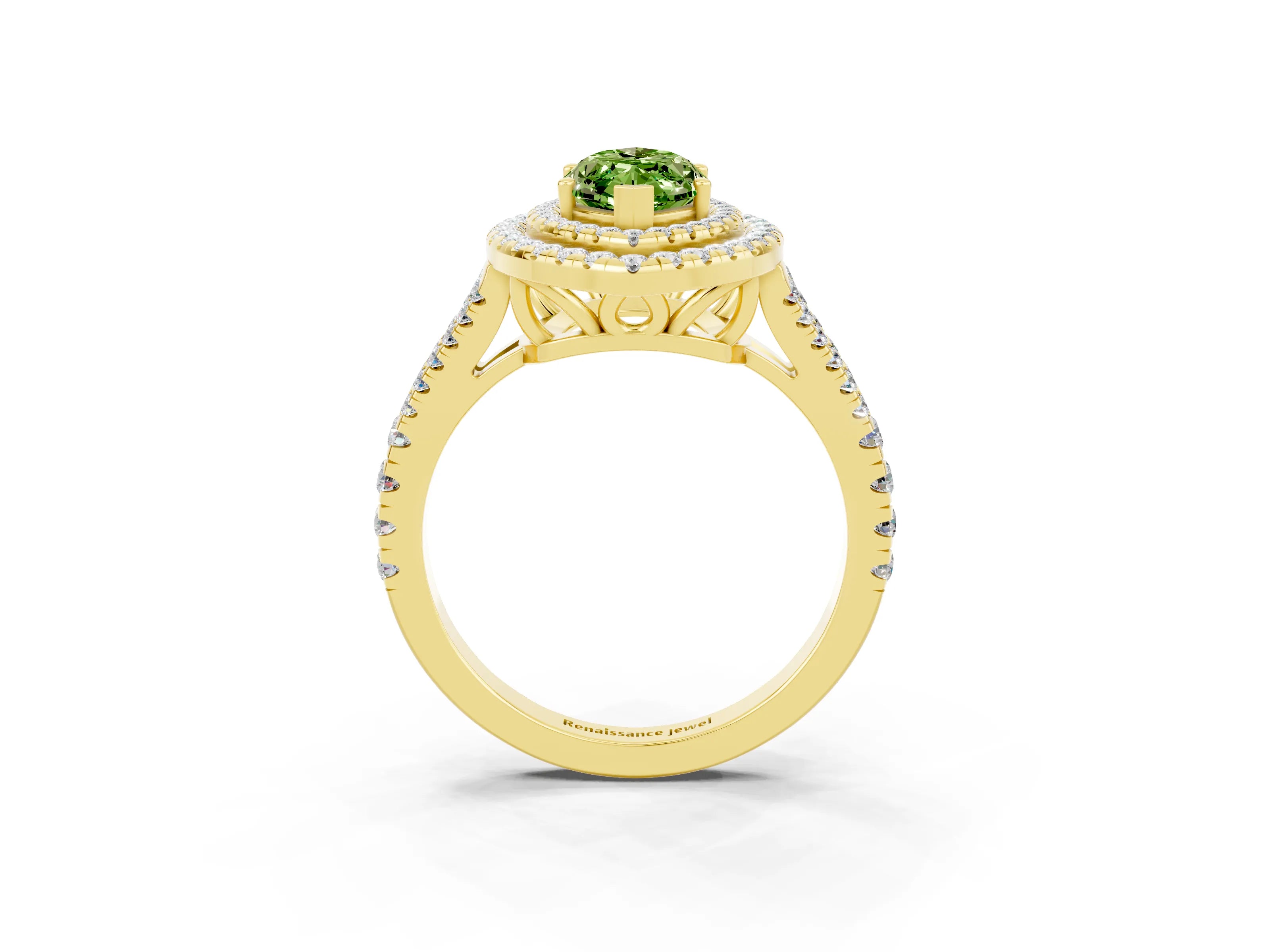 Yellow gold Marquise Cut Peridot Double Halo Ring with Pavé Band and Prong Setting_15
