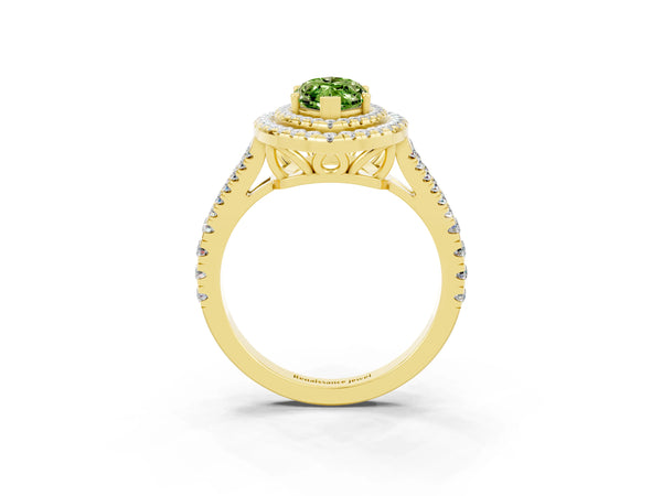 Yellow gold Marquise Cut Peridot Double Halo Ring with Pavé Band and Prong Setting