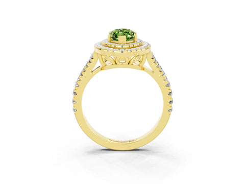 Yellow gold Marquise Cut Peridot Double Halo Ring with Pavé Band and Prong Setting_15