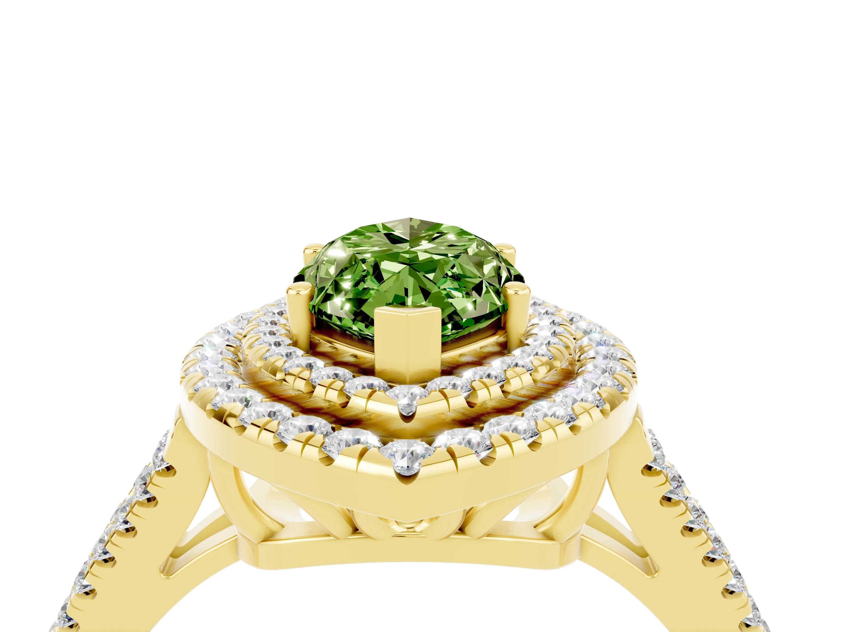Yellow gold Marquise Cut Peridot Double Halo Ring with Pavé Band and Prong Setting_16