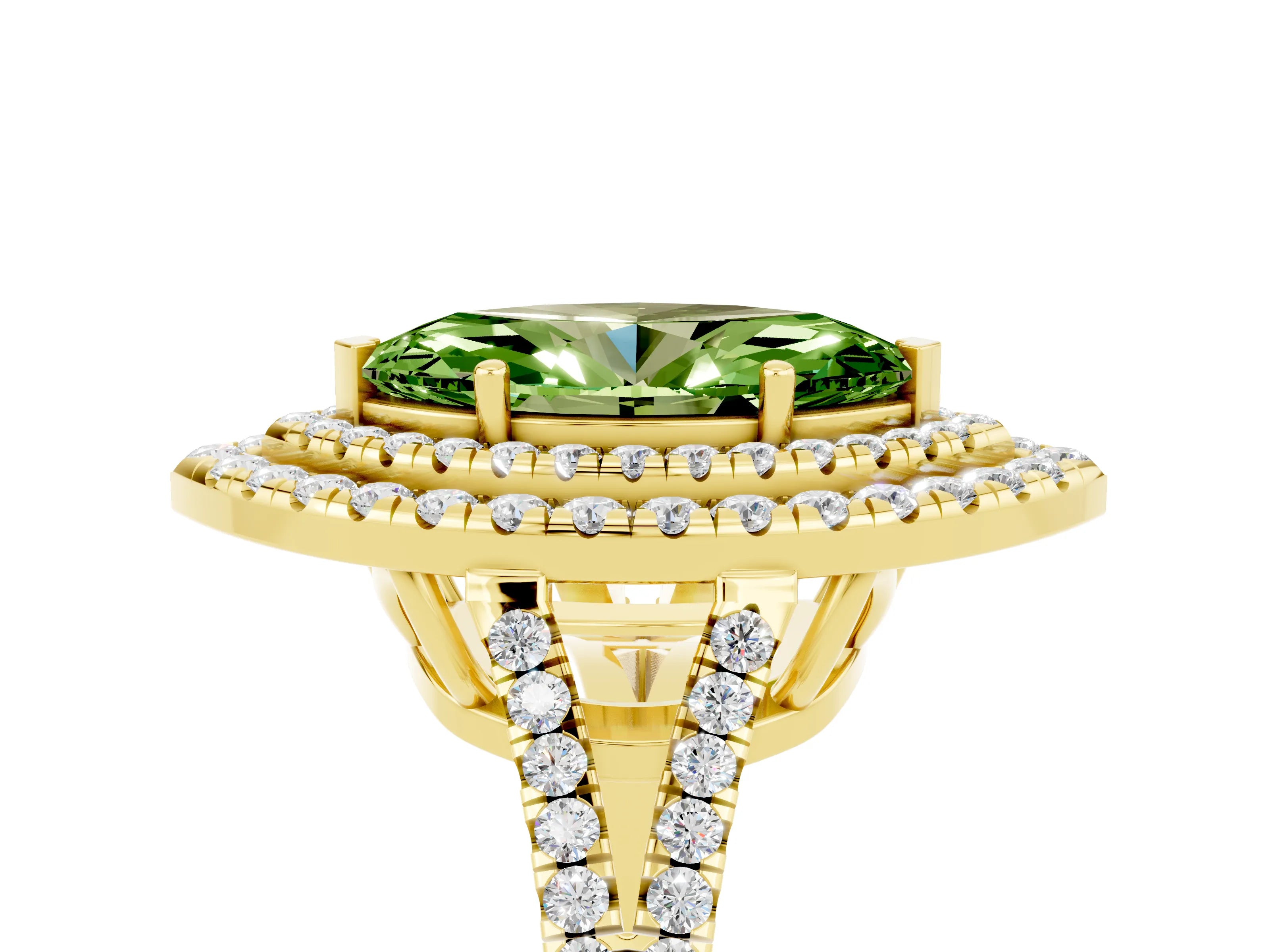 Yellow gold Marquise Cut Peridot Double Halo Ring with Pavé Band and Prong Setting_17