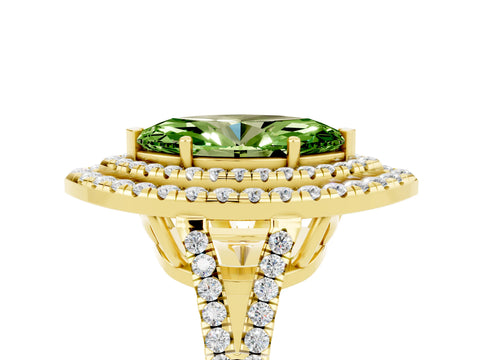 Yellow gold Marquise Cut Peridot Double Halo Ring with Pavé Band and Prong Setting_17