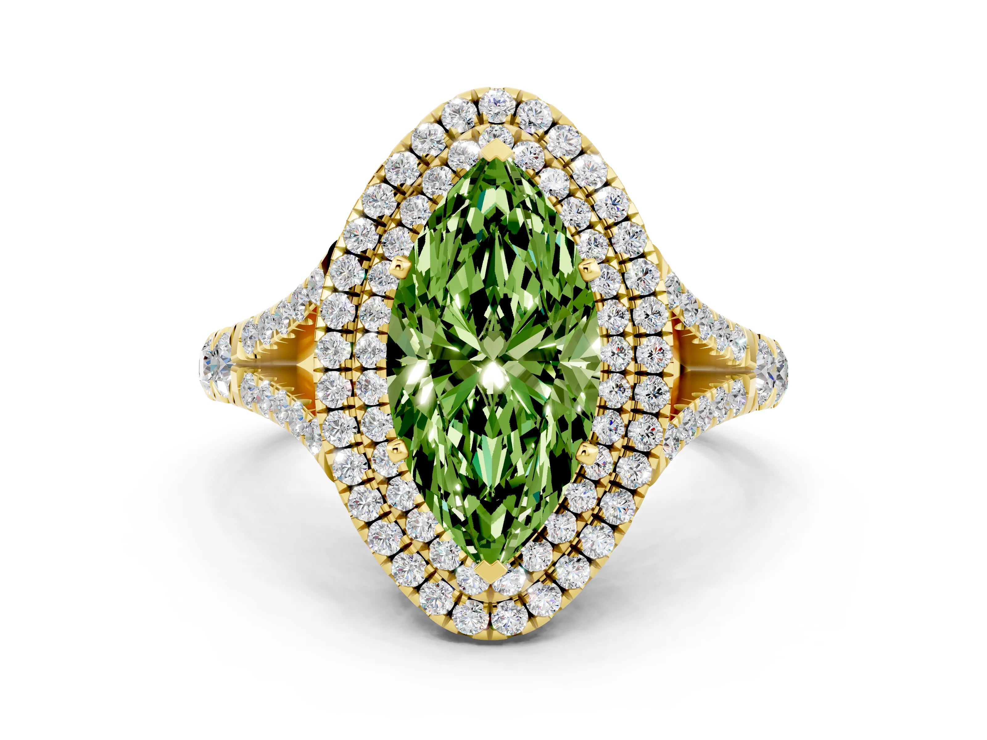 Yellow gold Marquise Cut Peridot Double Halo Ring with Split Shank and Prong Setting_12