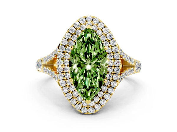 Yellow gold Marquise Cut Peridot Double Halo Ring with Split Shank and Prong Setting