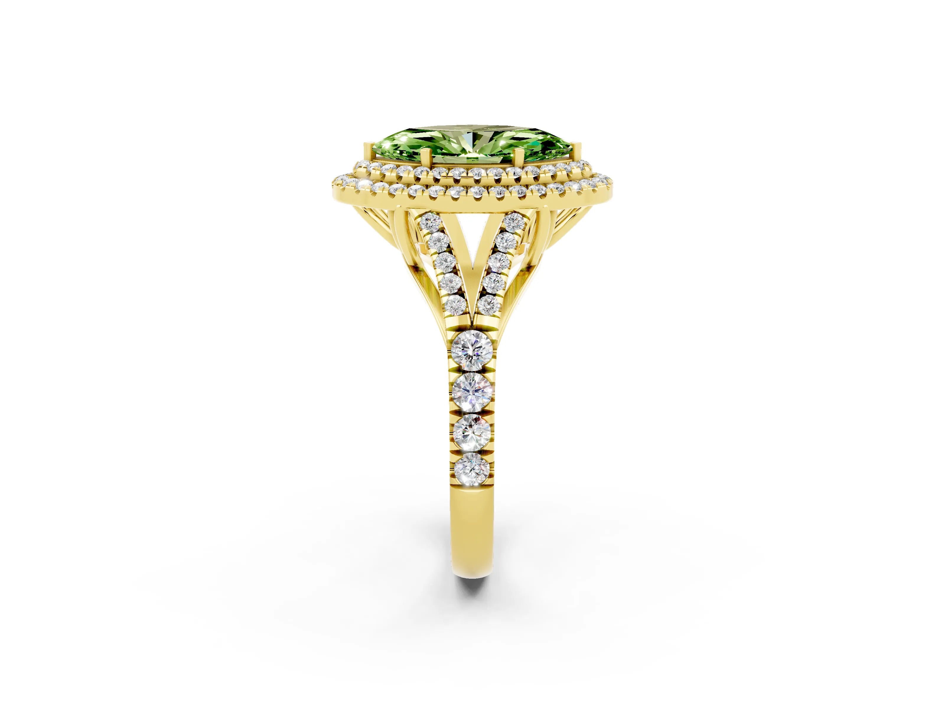Yellow gold Marquise Cut Peridot Double Halo Ring with Split Shank and Prong Setting_14