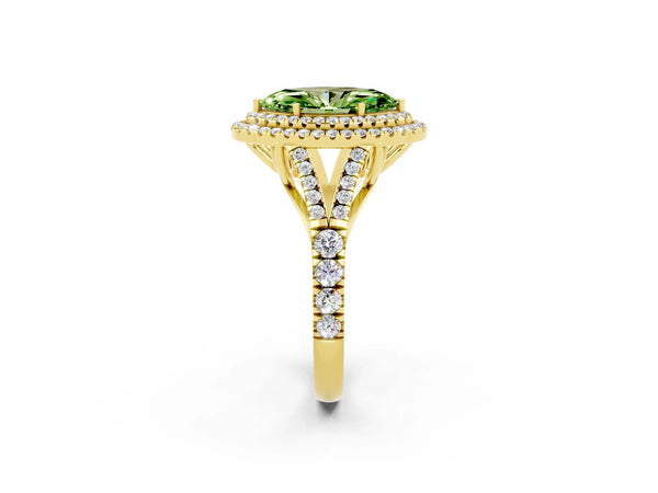 Yellow gold Marquise Cut Peridot Double Halo Ring with Split Shank and Prong Setting