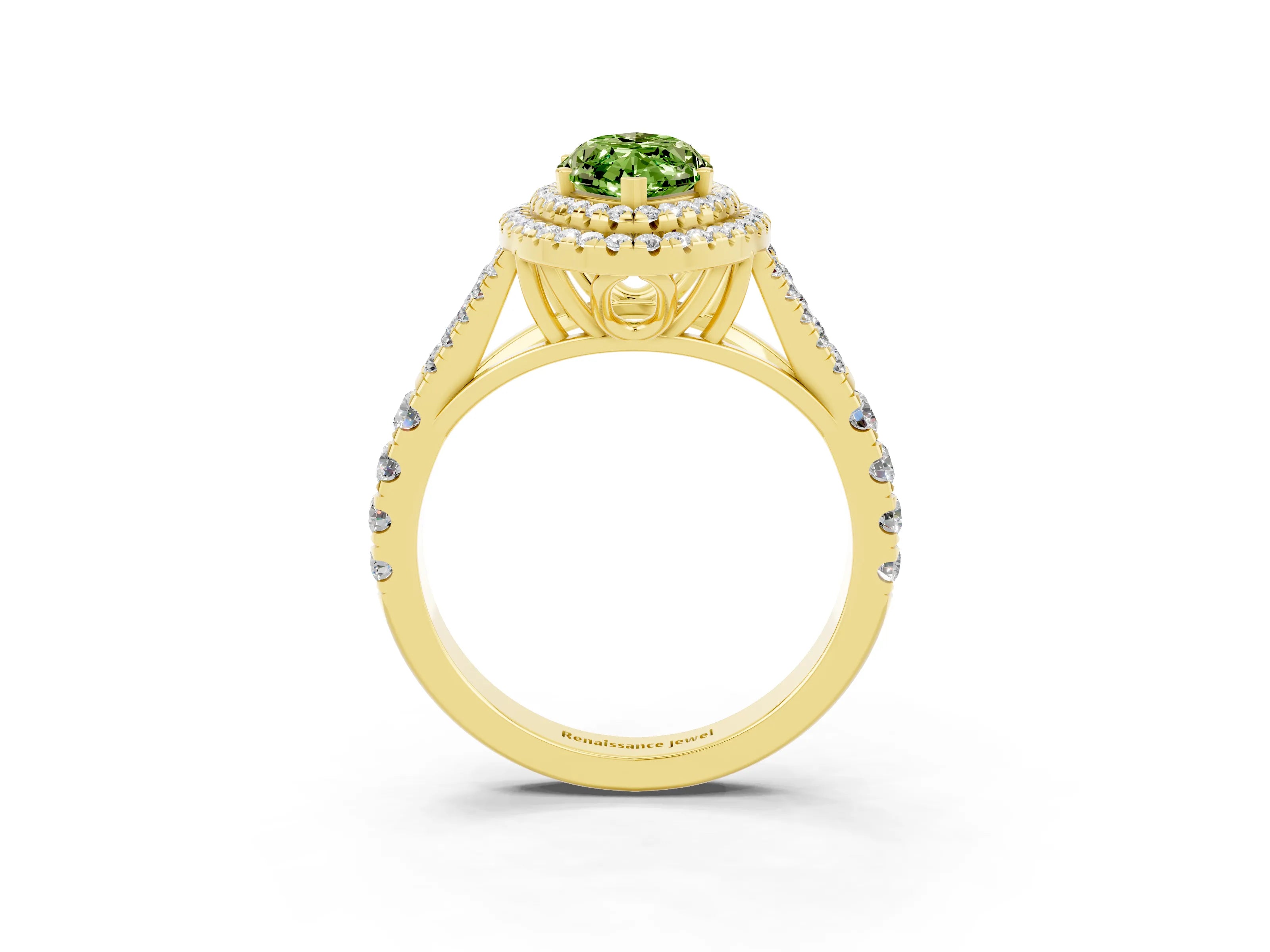 Yellow gold Marquise Cut Peridot Double Halo Ring with Split Shank and Prong Setting_15