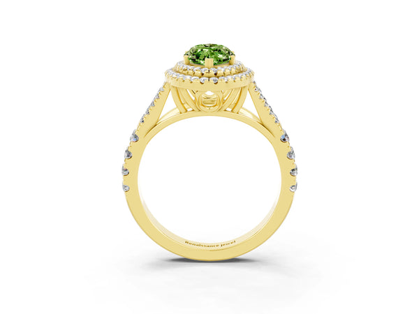 Yellow gold Marquise Cut Peridot Double Halo Ring with Split Shank and Prong Setting