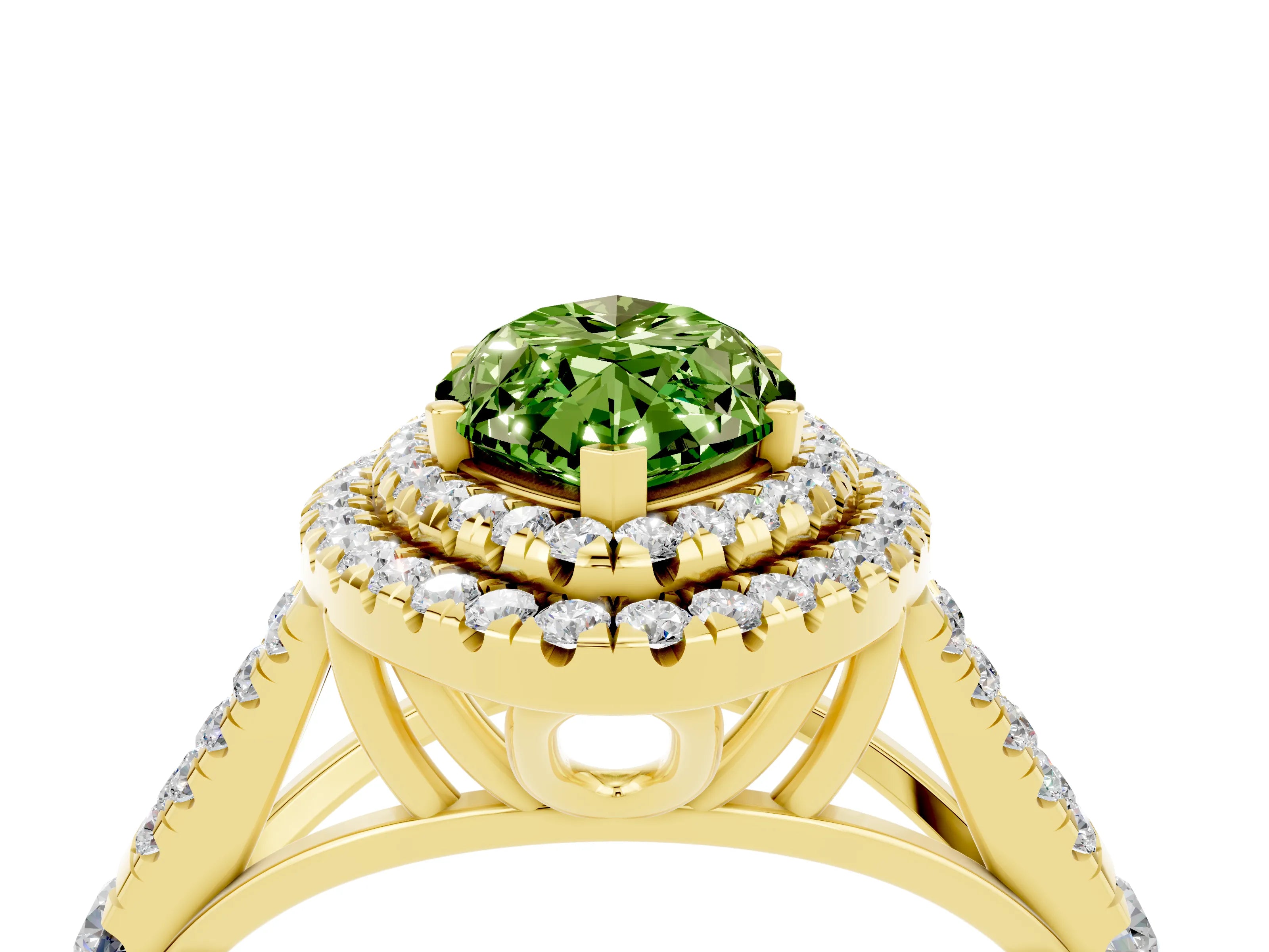 Yellow gold Marquise Cut Peridot Double Halo Ring with Split Shank and Prong Setting_16