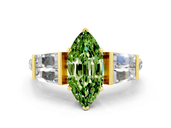 Yellow gold Marquise Cut Peridot Engagement Ring with Baguette Side Stones and Channel Set Band