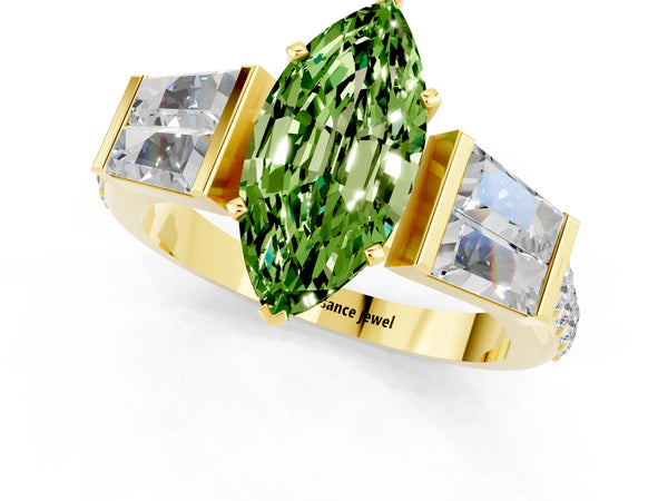Yellow gold Marquise Cut Peridot Engagement Ring with Baguette Side Stones and Channel Set Band