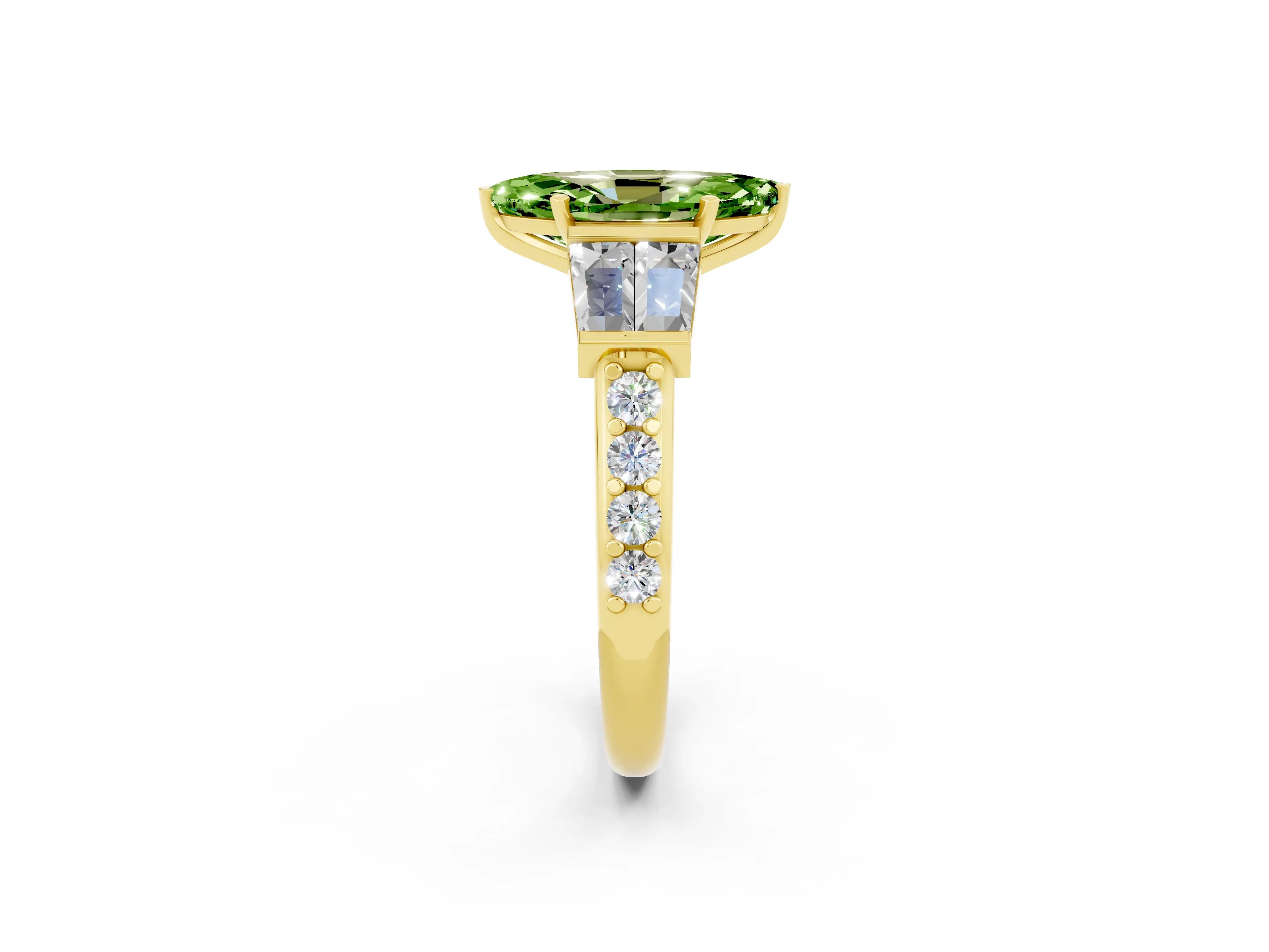 Yellow gold Marquise Cut Peridot Engagement Ring with Baguette Side Stones and Channel Set Band_2