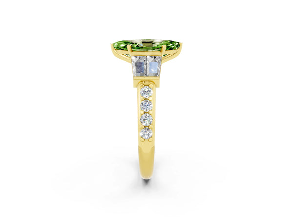 Yellow gold Marquise Cut Peridot Engagement Ring with Baguette Side Stones and Channel Set Band