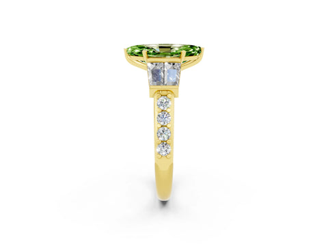 Yellow gold Marquise Cut Peridot Engagement Ring with Baguette Side Stones and Channel Set Band_2