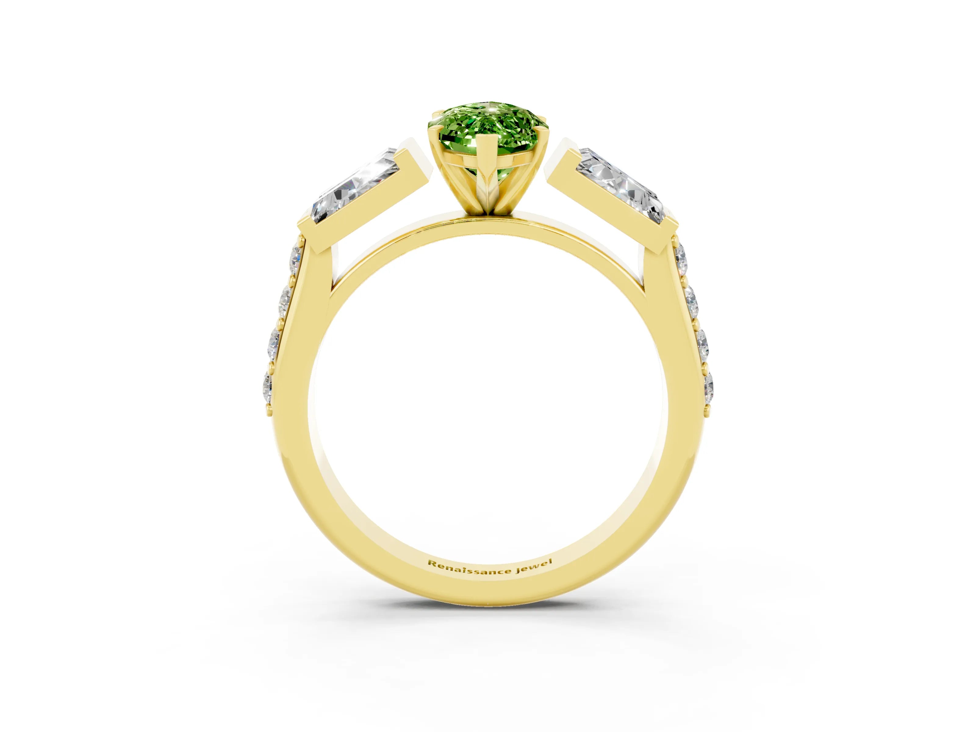 Yellow gold Marquise Cut Peridot Engagement Ring with Baguette Side Stones and Channel Set Band_3