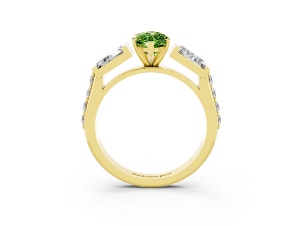 Yellow gold Marquise Cut Peridot Engagement Ring with Baguette Side Stones and Channel Set Band