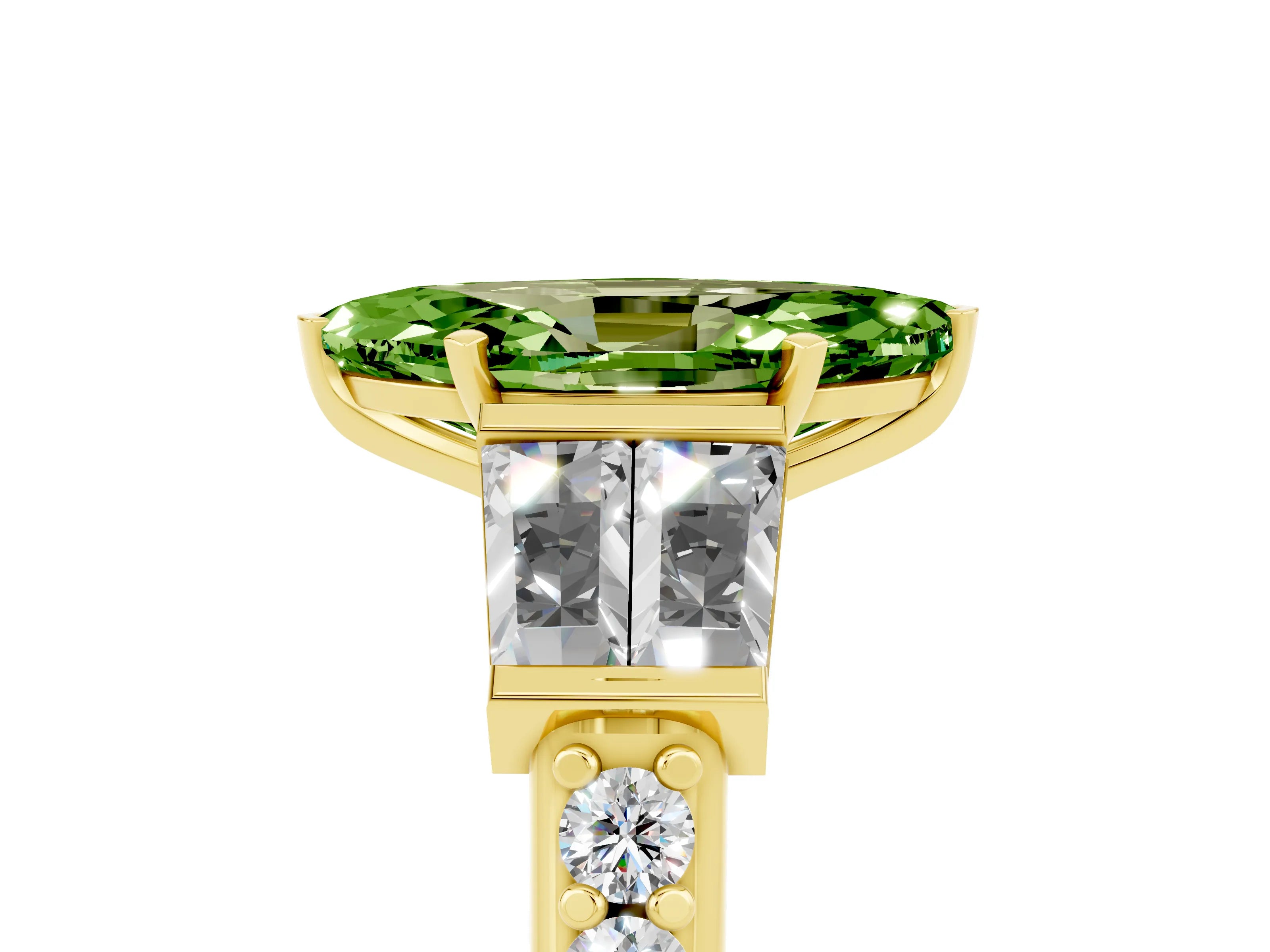 Yellow gold Marquise Cut Peridot Engagement Ring with Baguette Side Stones and Channel Set Band_5
