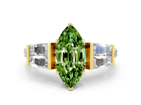 Yellow gold Marquise Cut Peridot Engagement Ring with Baguette Side Stones and Channel Set Band