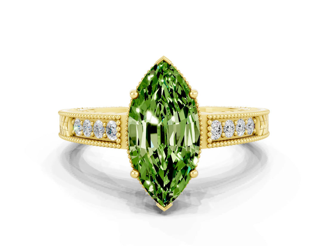 Yellow gold Marquise Cut Peridot Engagement Ring with Milgrain Channel Set Band and Prong Setting
