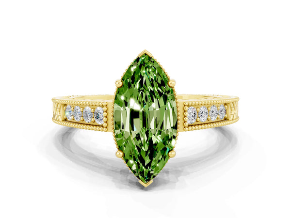 Yellow gold Marquise Cut Peridot Engagement Ring with Milgrain Channel Set Band and Prong Setting