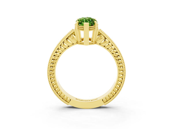 Yellow gold Marquise Cut Peridot Engagement Ring with Milgrain Channel Set Band and Prong Setting