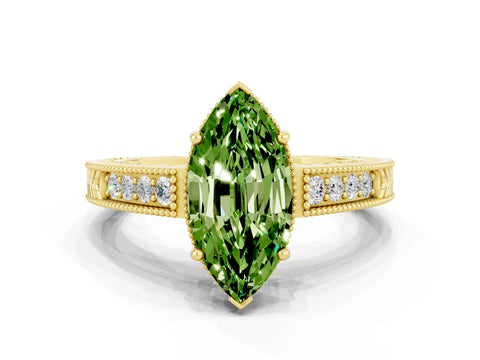 Yellow gold Marquise Cut Peridot Engagement Ring with Milgrain Channel Set Band and Prong Setting