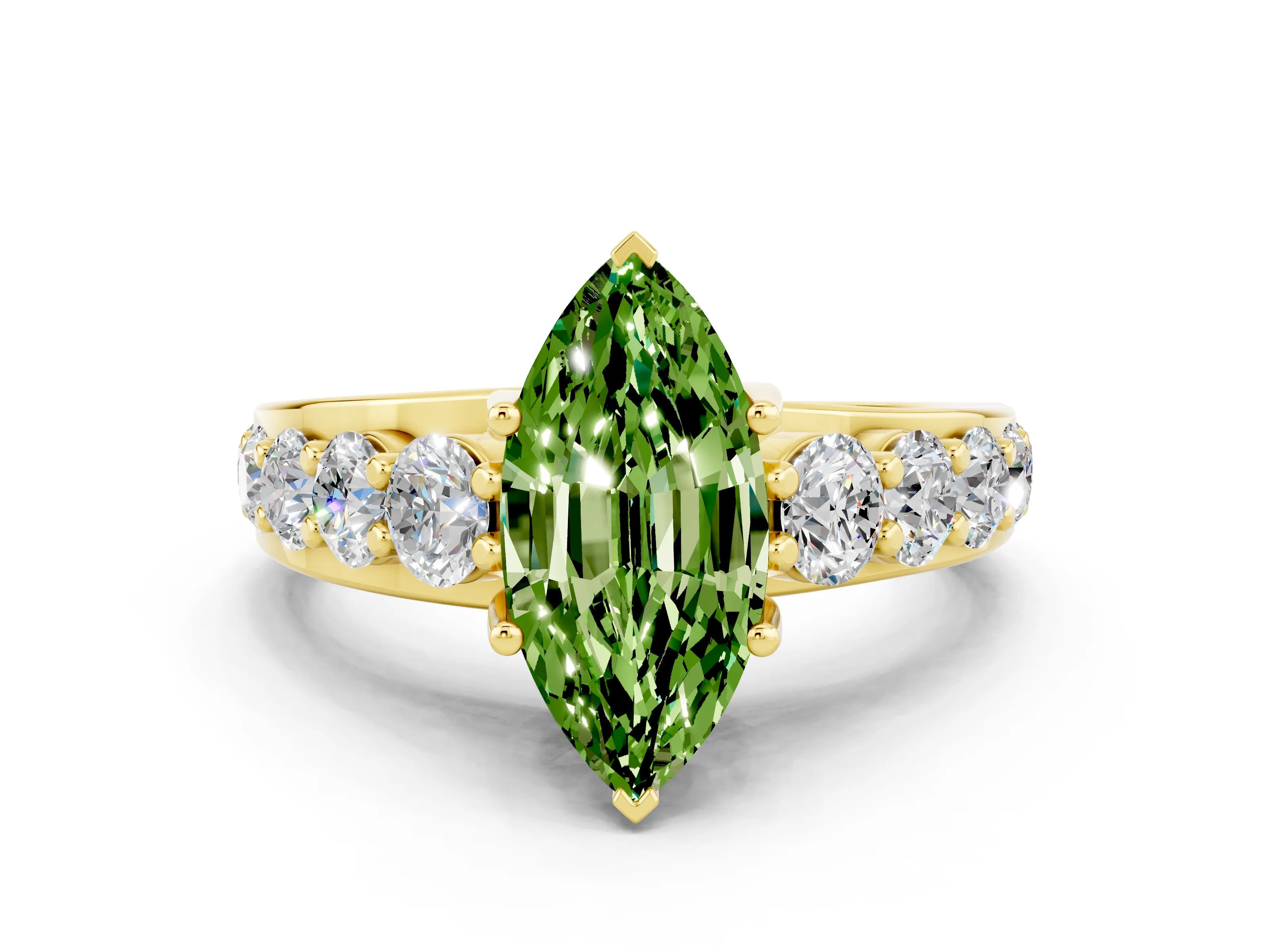 Yellow gold Marquise Cut Peridot Engagement Ring with Pavé Band and Four-Prong Setting