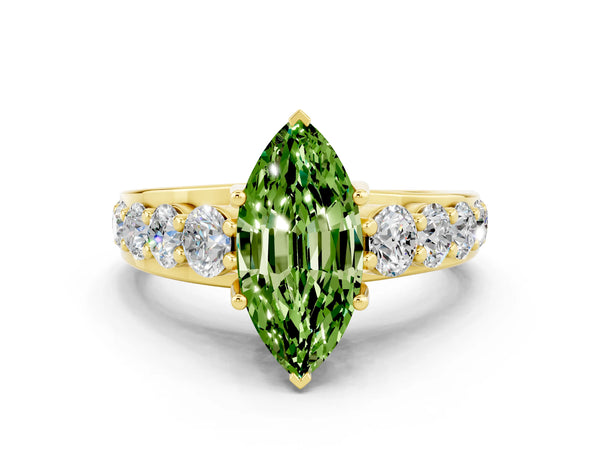 Yellow gold Marquise Cut Peridot Engagement Ring with Pavé Band and Four-Prong Setting