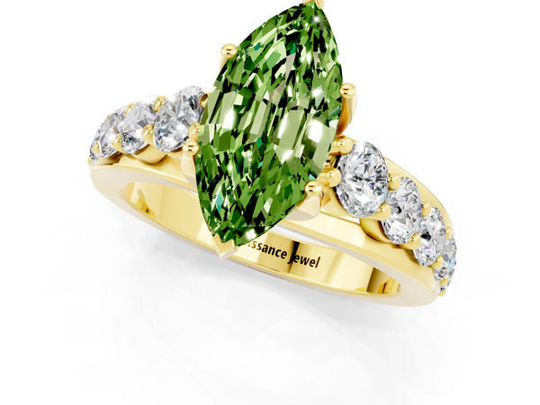 Yellow gold Marquise Cut Peridot Engagement Ring with Pavé Band and Four-Prong Setting