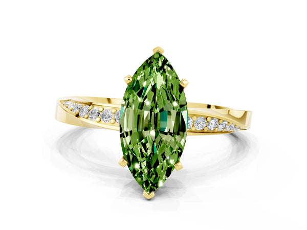 Yellow gold Marquise Cut Peridot Engagement Ring with Side Stone Accents and Four-Prong Setting