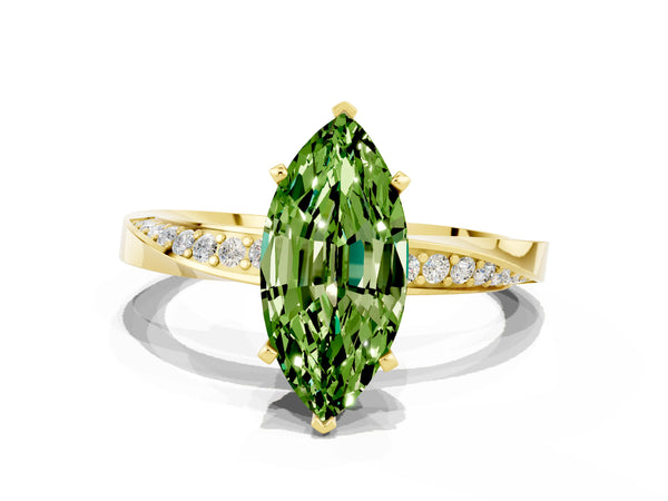 Yellow gold Marquise Cut Peridot Engagement Ring with Side Stone Accents and Four-Prong Setting