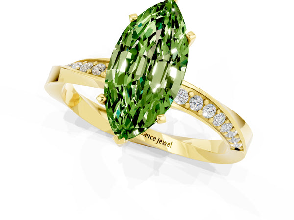 Yellow gold Marquise Cut Peridot Engagement Ring with Side Stone Accents and Four-Prong Setting