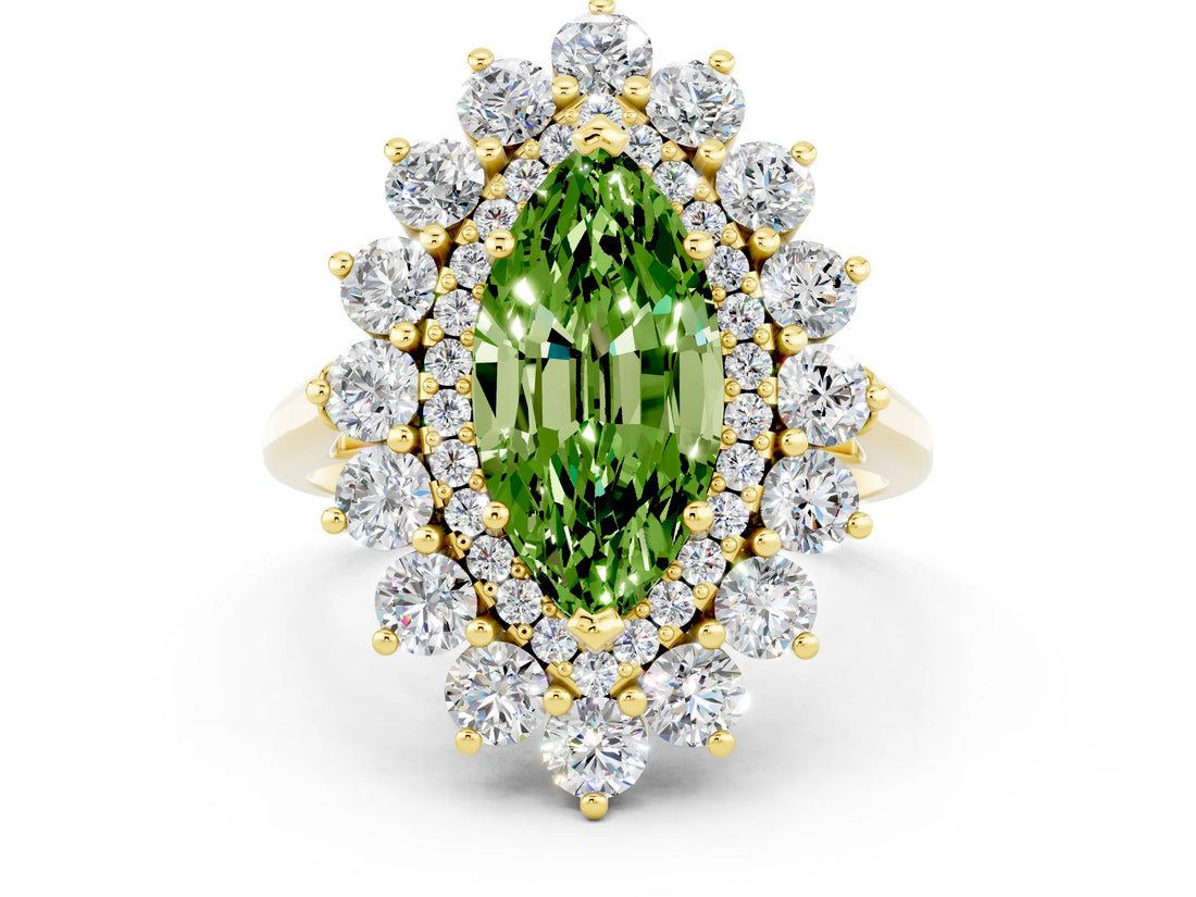Yellow gold Marquise Cut Peridot Floral Double Halo Engagement Ring with Prong Setting_60