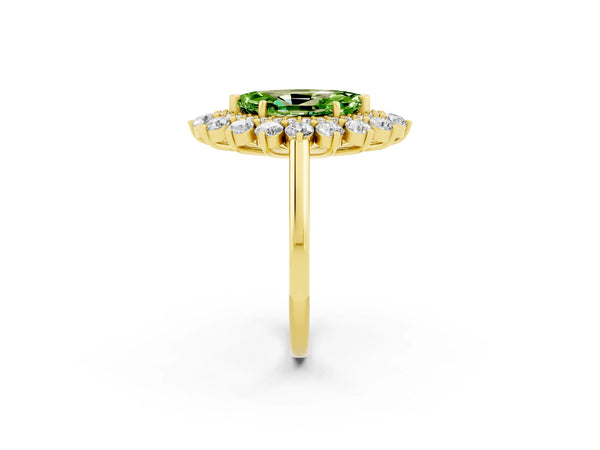 Yellow gold Marquise Cut Peridot Floral Double Halo Engagement Ring with Prong Setting