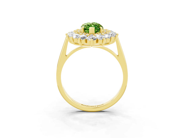 Yellow gold Marquise Cut Peridot Floral Double Halo Engagement Ring with Prong Setting