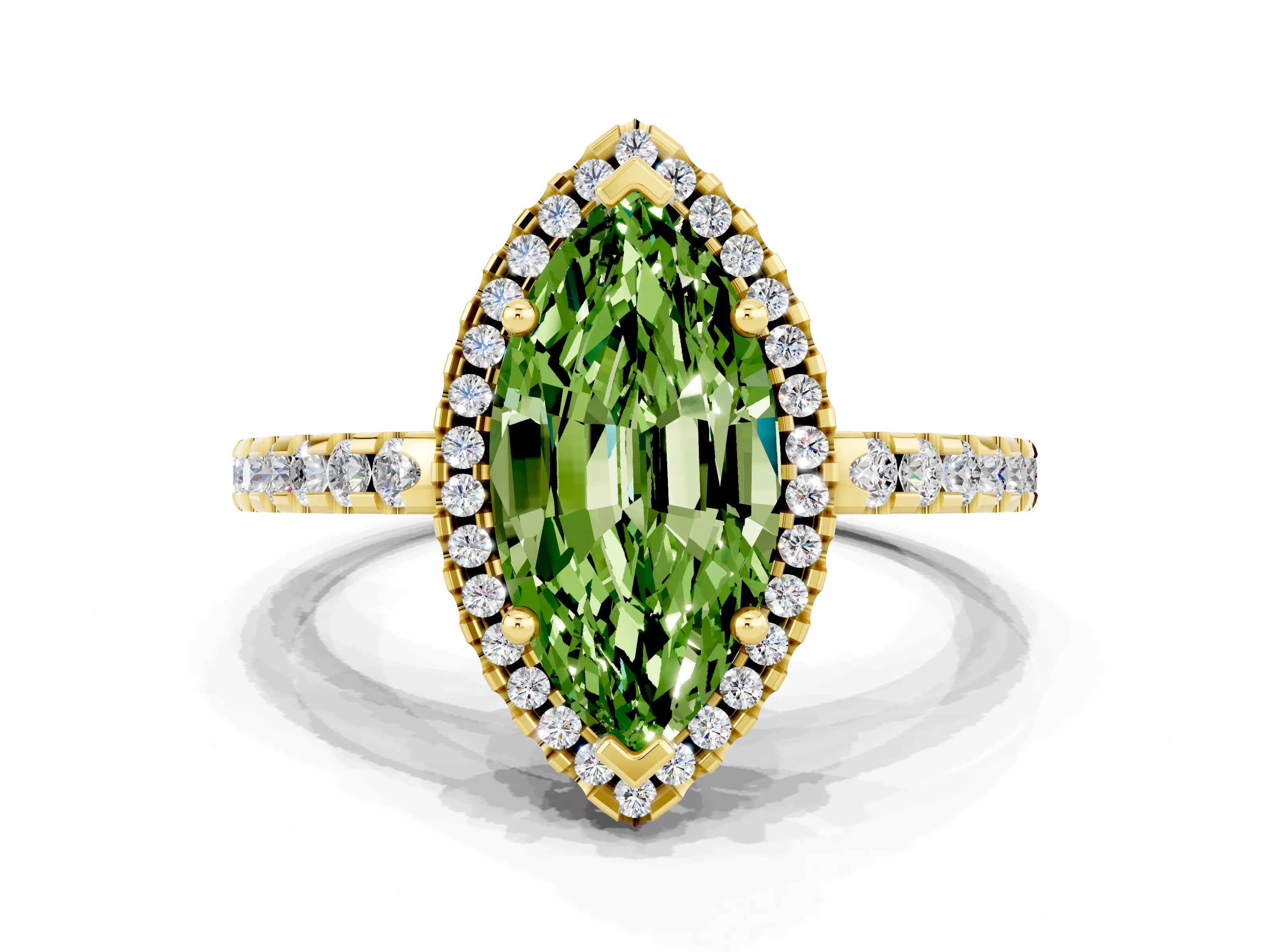Yellow gold Marquise Cut Peridot Halo Engagement Ring with Pavé Band and Prong Setting_12