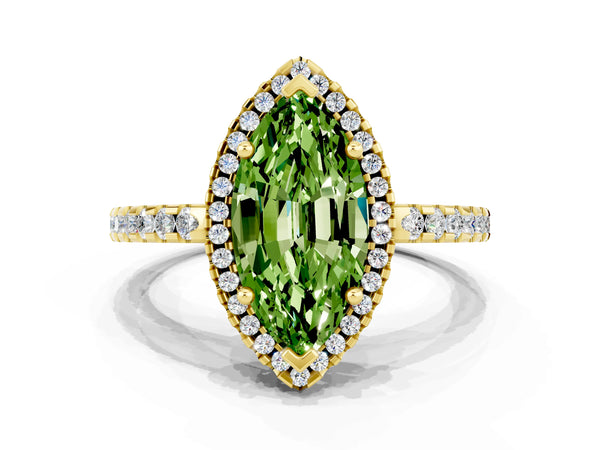 Yellow gold Marquise Cut Peridot Halo Engagement Ring with Pavé Band and Prong Setting