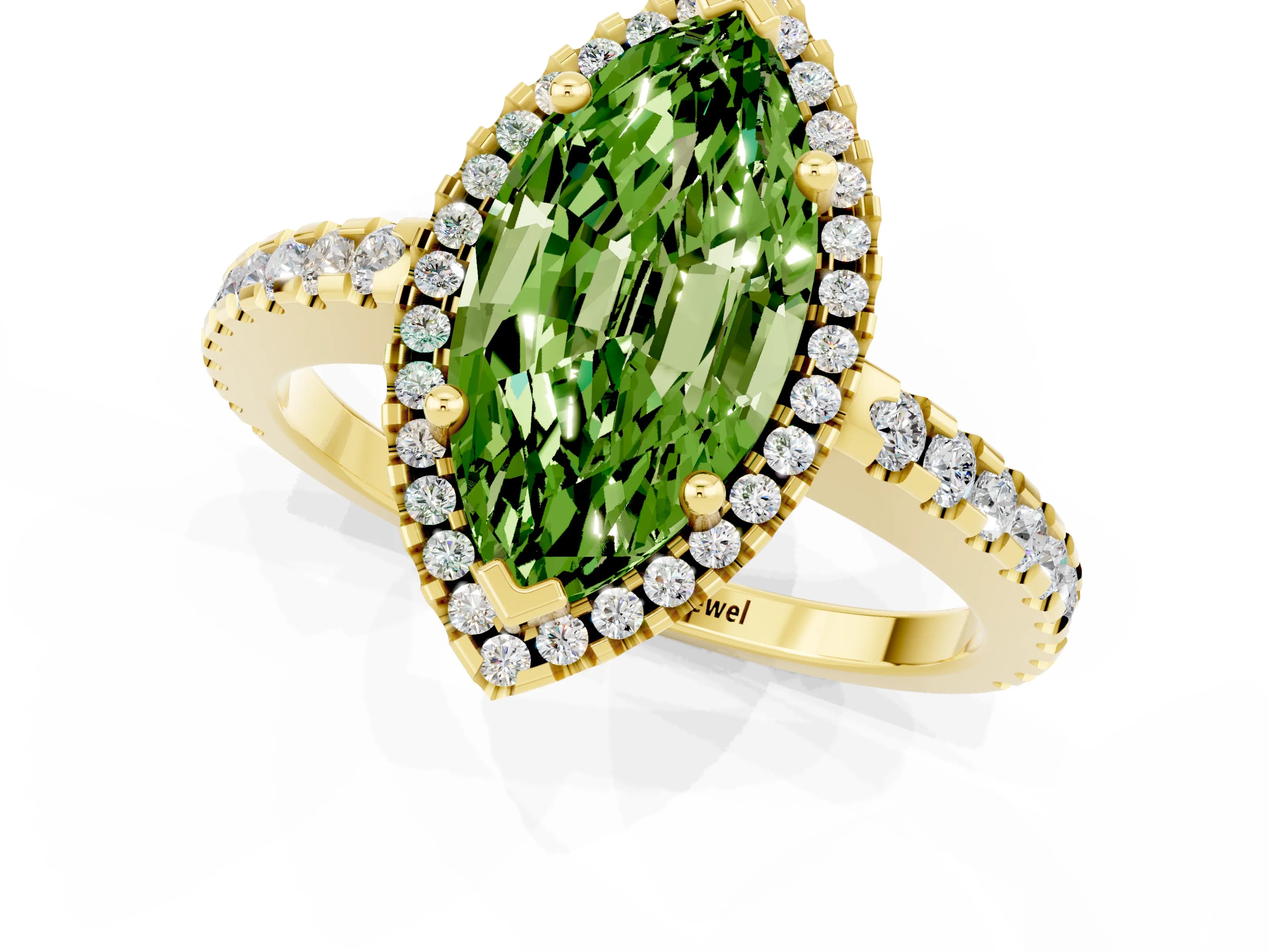 Yellow gold Marquise Cut Peridot Halo Engagement Ring with Pavé Band and Prong Setting_13