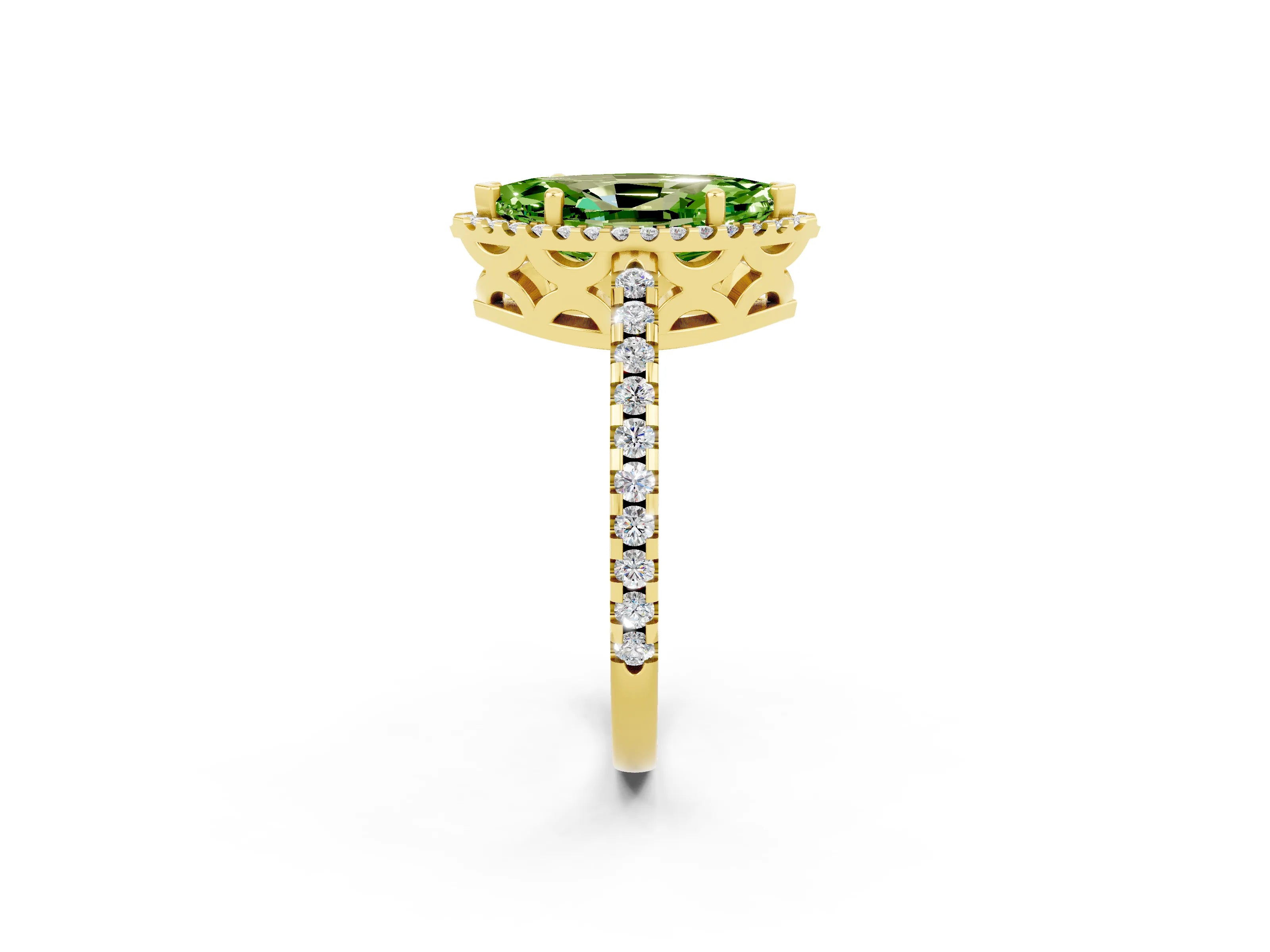 Yellow gold Marquise Cut Peridot Halo Engagement Ring with Pavé Band and Prong Setting_14